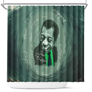 James Baldwin Shower Curtain Green Handwritten Script Design Smiling Portrait Civil Rights and Literature - African Pride