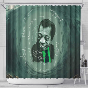 James Baldwin Shower Curtain Green Handwritten Script Design Smiling Portrait Civil Rights and Literature - African Pride