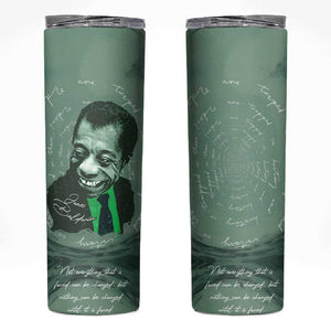 James Baldwin Skinny Tumbler Green Handwritten Script Design Smiling Portrait Civil Rights and Literature - African Pride