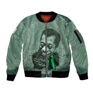 James Baldwin Sleeve Zip Bomber Jacket Green Handwritten Script Design Smiling Portrait Civil Rights and Literature - African Pride
