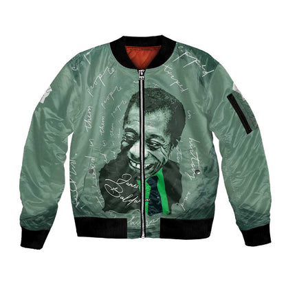 James Baldwin Sleeve Zip Bomber Jacket Green Handwritten Script Design Smiling Portrait Civil Rights and Literature - African Pride