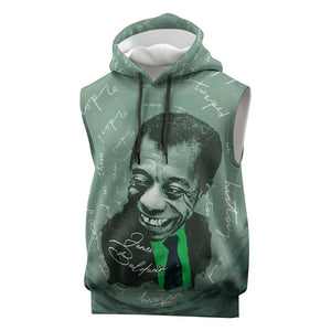James Baldwin Sleeveless Hoodie Green Handwritten Script Design Smiling Portrait Civil Rights and Literature - African Pride