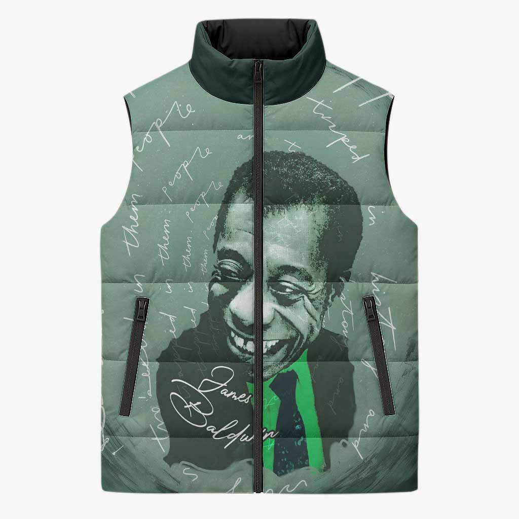 James Baldwin Sleeveless Puffer Jacket Green Handwritten Script Design Smiling Portrait Civil Rights and Literature - African Pride