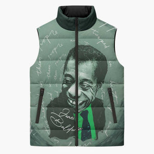 James Baldwin Sleeveless Puffer Jacket Green Handwritten Script Design Smiling Portrait Civil Rights and Literature - African Pride