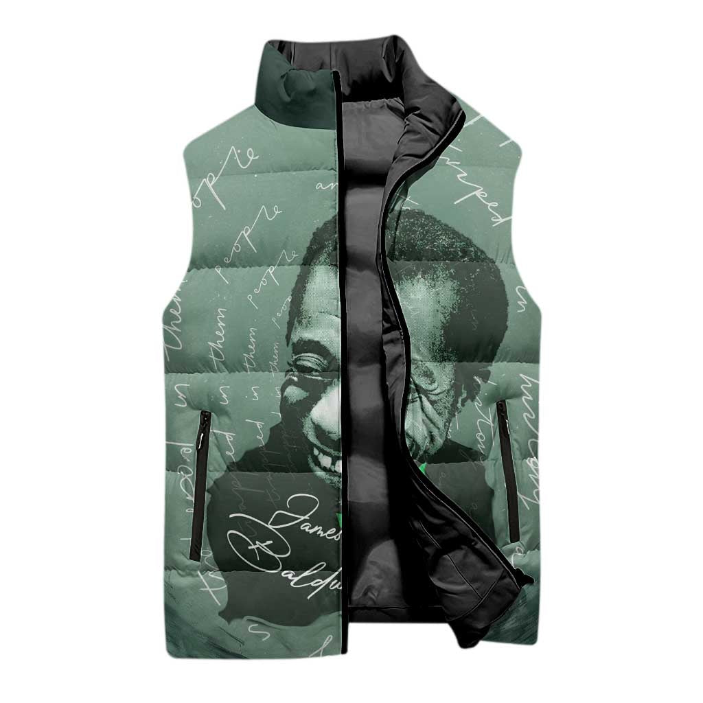 James Baldwin Sleeveless Puffer Jacket Green Handwritten Script Design Smiling Portrait Civil Rights and Literature - African Pride