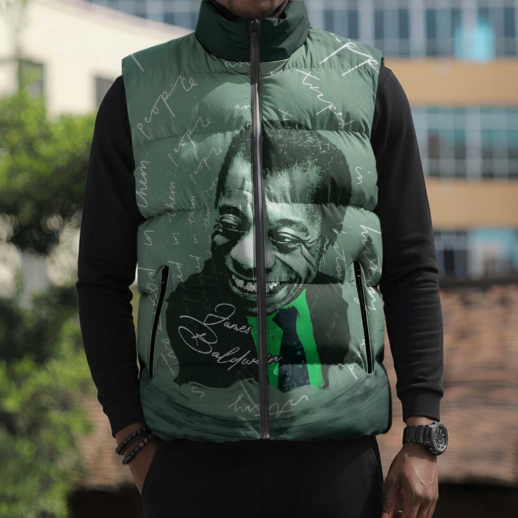 James Baldwin Sleeveless Puffer Jacket Green Handwritten Script Design Smiling Portrait Civil Rights and Literature - African Pride