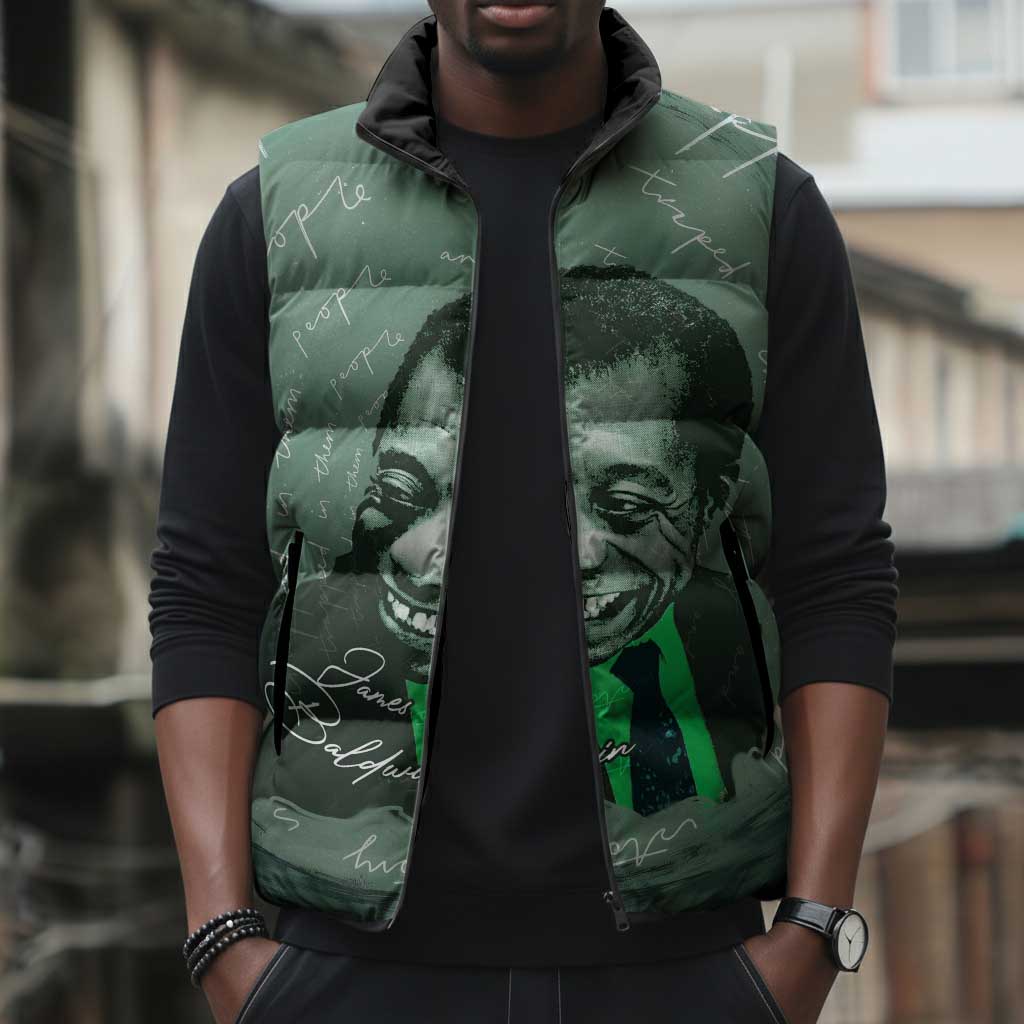 James Baldwin Sleeveless Puffer Jacket Green Handwritten Script Design Smiling Portrait Civil Rights and Literature - African Pride
