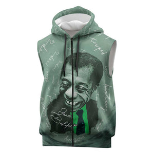 James Baldwin Sleeveless Zip Hoodie Green Handwritten Script Design Smiling Portrait Civil Rights and Literature - African Pride