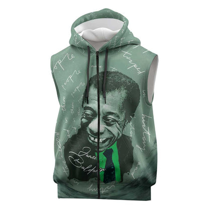 James Baldwin Sleeveless Zip Hoodie Green Handwritten Script Design Smiling Portrait Civil Rights and Literature - African Pride