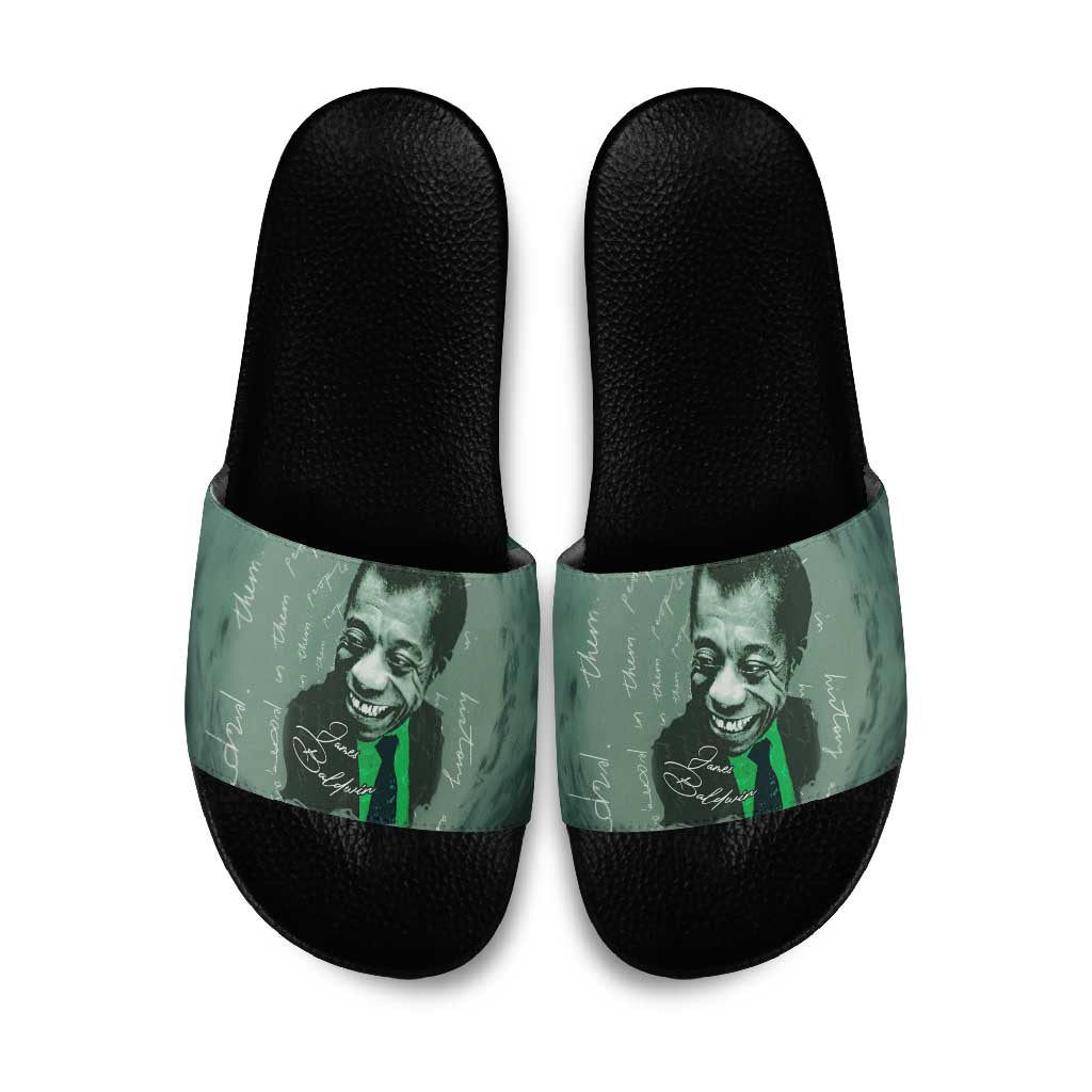 James Baldwin Slide Sandals Green Handwritten Script Design Smiling Portrait Civil Rights and Literature - African Pride