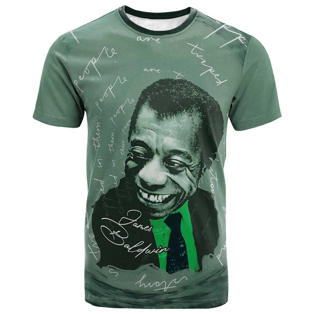 James Baldwin T shirt Green Handwritten Script Design Smiling Portrait Civil Rights and Literature TS04
