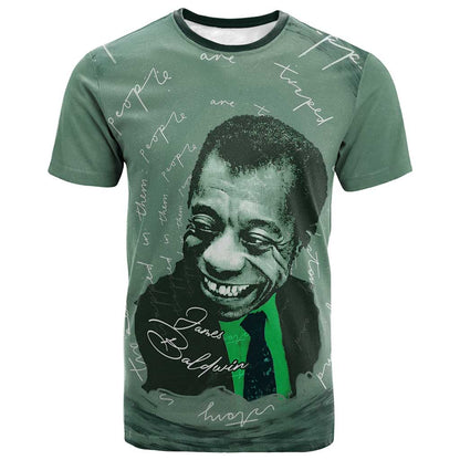 James Baldwin T shirt Green Handwritten Script Design Smiling Portrait Civil Rights and Literature TS04