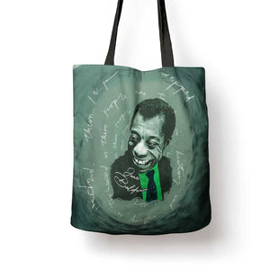 James Baldwin Tote Bag Green Handwritten Script Design Smiling Portrait Civil Rights and Literature - African Pride