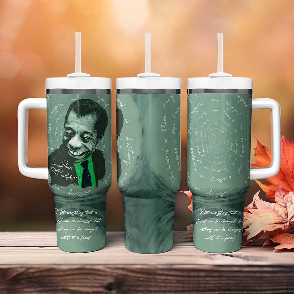 James Baldwin Tumbler With Handle Green Handwritten Script Design Smiling Portrait Civil Rights and Literature - African Pride