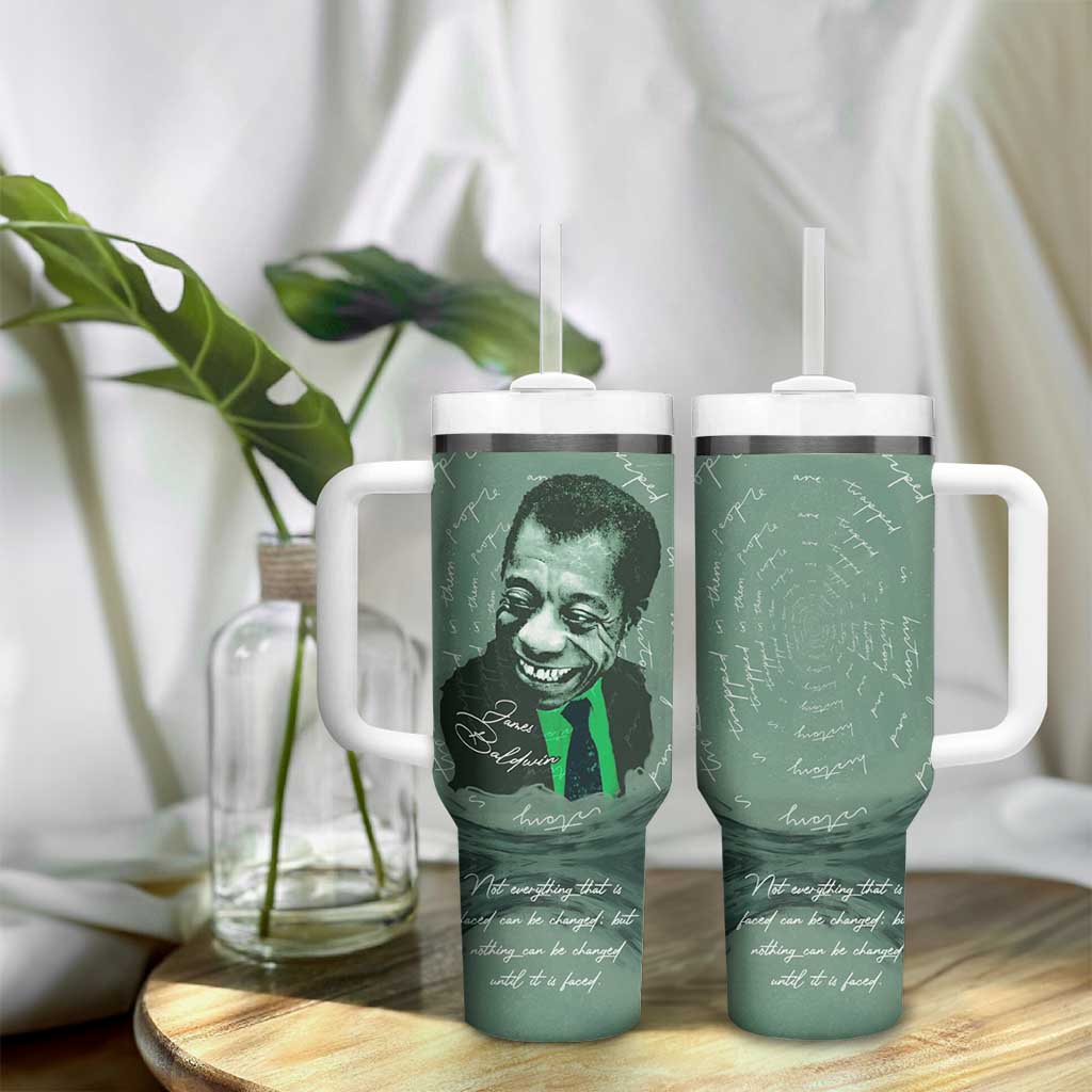 James Baldwin Tumbler With Handle Green Handwritten Script Design Smiling Portrait Civil Rights and Literature - African Pride