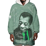 James Baldwin Wearable Blanket Hoodie Green Handwritten Script Design Smiling Portrait Civil Rights and Literature - African Pride
