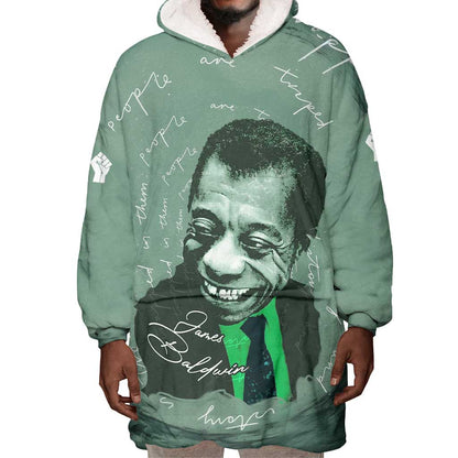 James Baldwin Wearable Blanket Hoodie Green Handwritten Script Design Smiling Portrait Civil Rights and Literature - African Pride