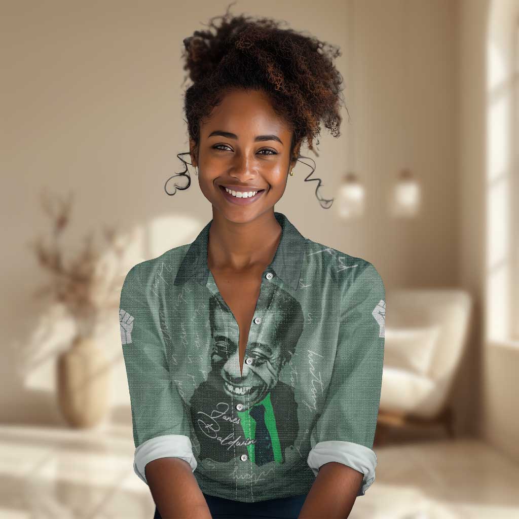 James Baldwin Women Casual Shirt Green Handwritten Script Design Smiling Portrait Civil Rights and Literature - African Pride