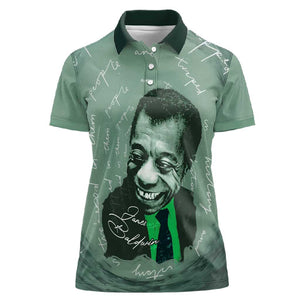 James Baldwin Women Polo Shirt Green Handwritten Script Design Smiling Portrait Civil Rights and Literature TS04