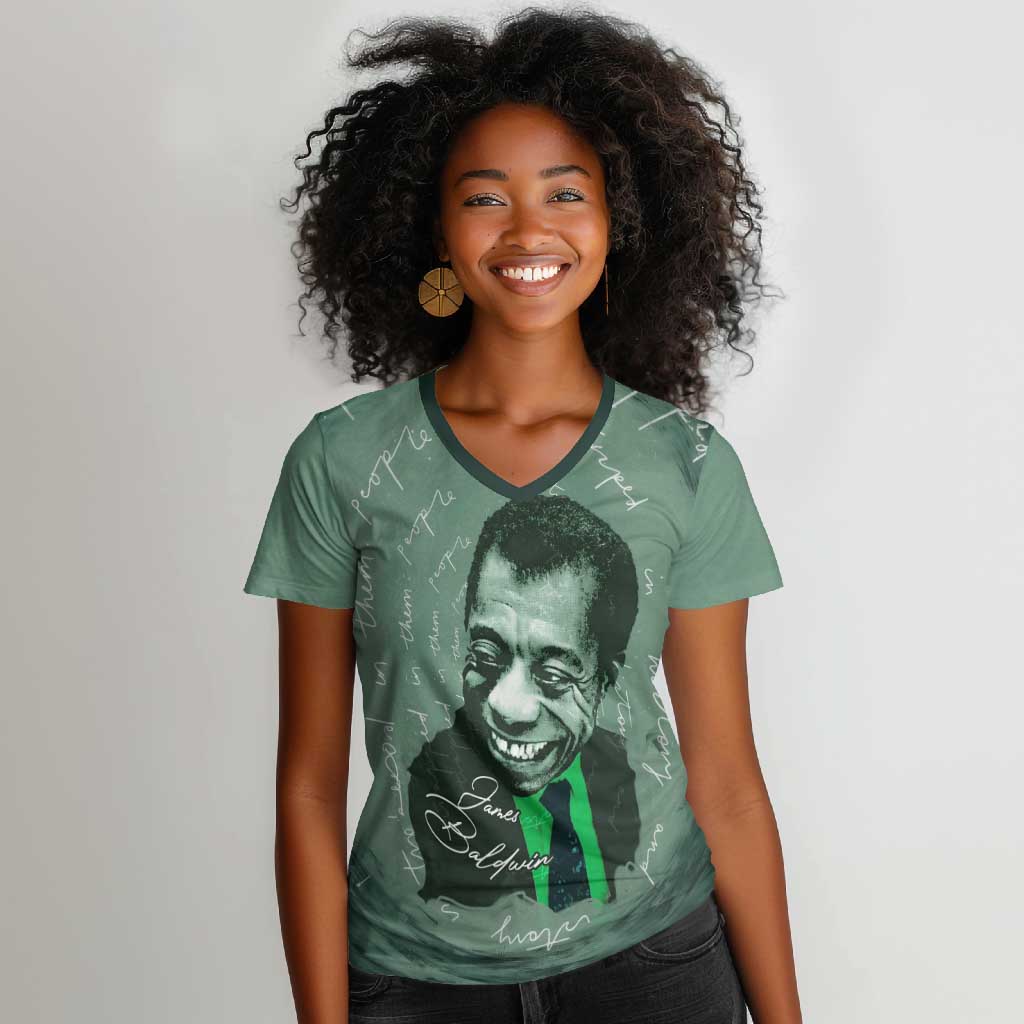 James Baldwin Women V-Neck T-Shirt Green Handwritten Script Design Smiling Portrait Civil Rights and Literature TS04