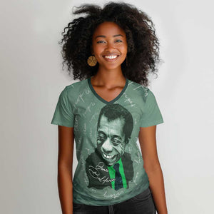 James Baldwin Women V-Neck T-Shirt Green Handwritten Script Design Smiling Portrait Civil Rights and Literature TS04