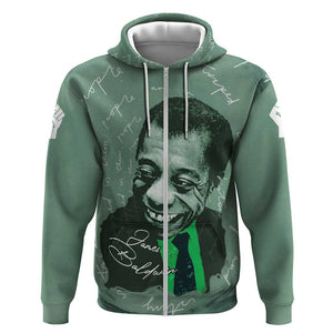 James Baldwin Zip Hoodie Green Handwritten Script Design Smiling Portrait Civil Rights and Literature - African Pride