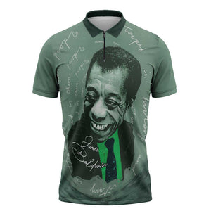 James Baldwin Zipper Polo Shirt Green Handwritten Script Design Smiling Portrait Civil Rights and Literature - African Pride