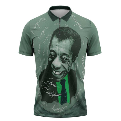 James Baldwin Zipper Polo Shirt Green Handwritten Script Design Smiling Portrait Civil Rights and Literature - African Pride