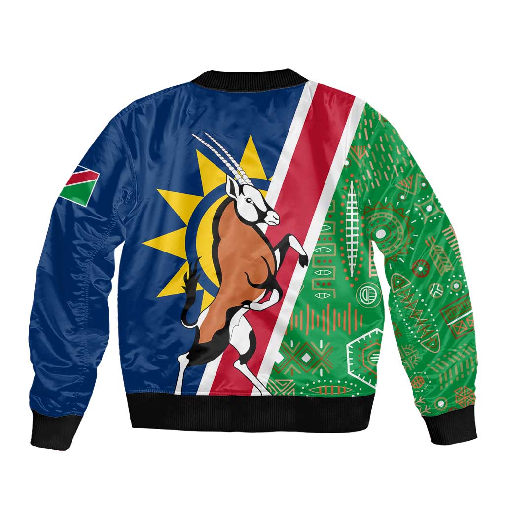 Namibia Gemsbok Sleeve Zip Bomber Jacket Flag Design with African Patterns