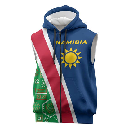 Namibia Gemsbok Sleeveless Zip Hoodie Flag Design with African Patterns - African Pride