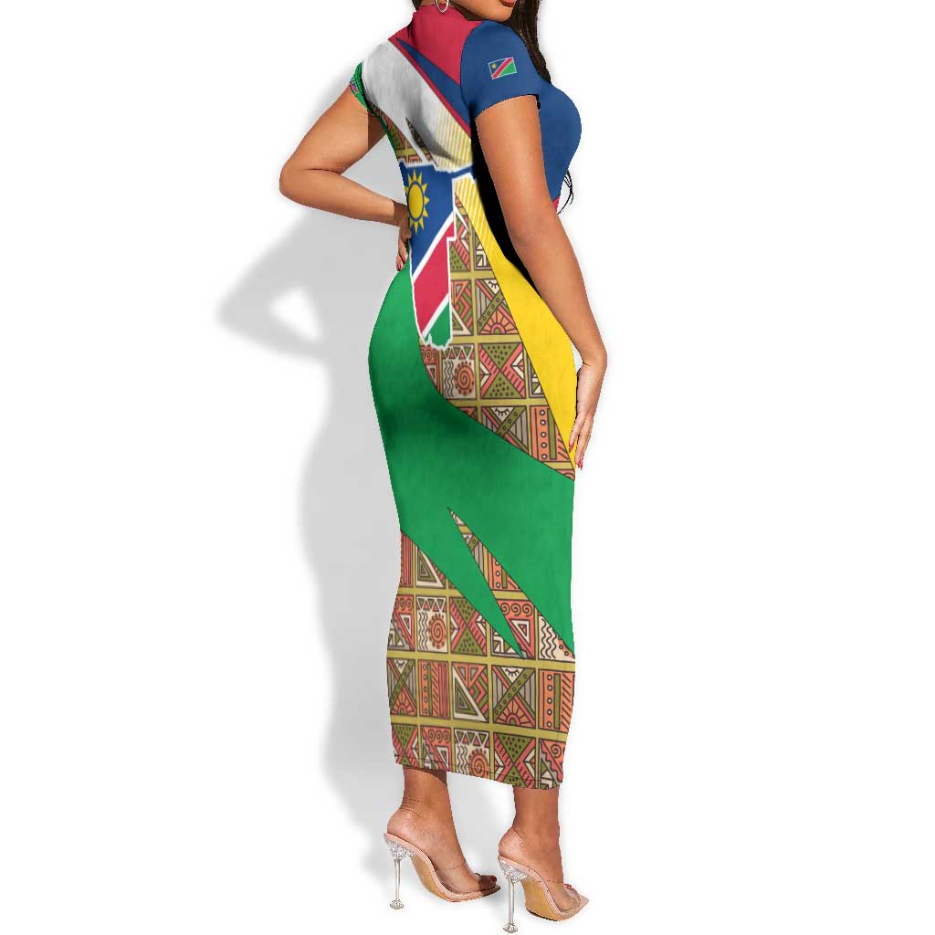 Afro Namibia Map Short Sleeve Bodycon Dress National Emblem and Cultural Motif Design TS04