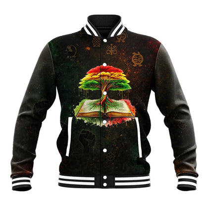 Black History Tree of Knowledge Baseball Jacket Pan-African Afrocentric Drip Art Illustration