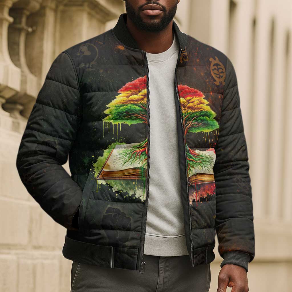 Black History Tree of Knowledge Bomber Puffer Jacket Pan-African Afrocentric Drip Art Illustration