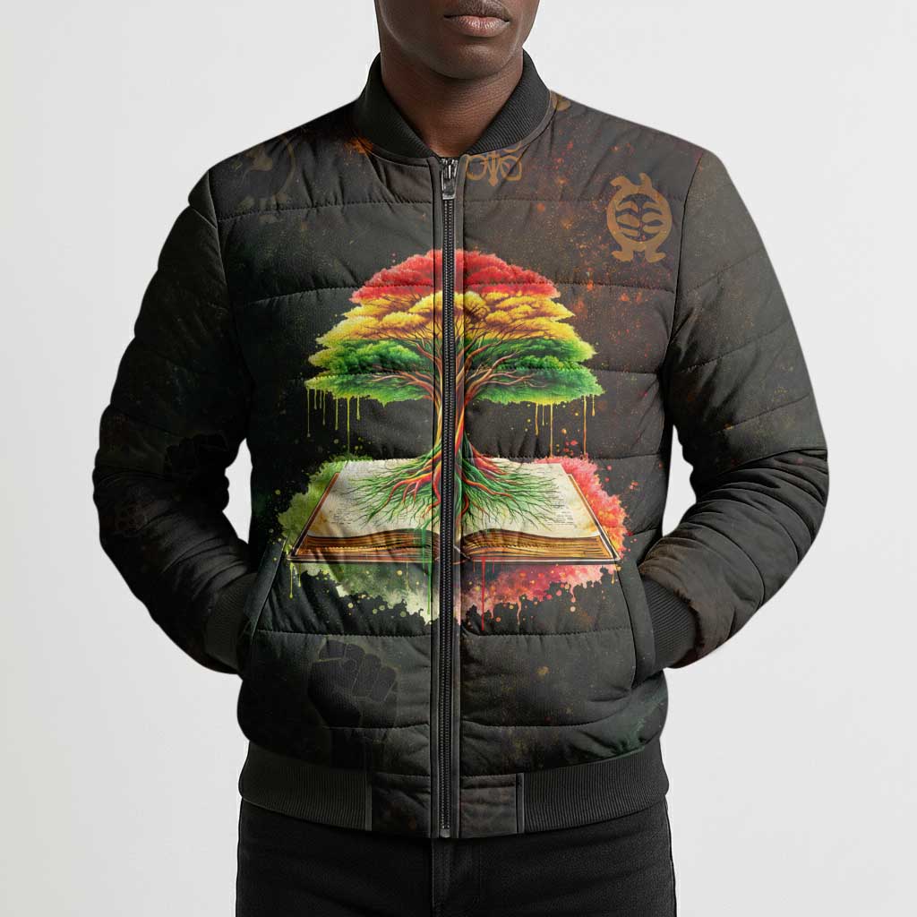 Black History Tree of Knowledge Bomber Puffer Jacket Pan-African Afrocentric Drip Art Illustration