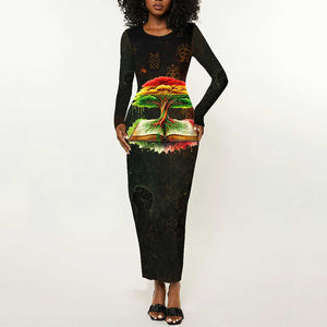 Black History Tree of Knowledge Long Sleeve Bodycon Dress Pan-African Afrocentric Drip Art Illustration