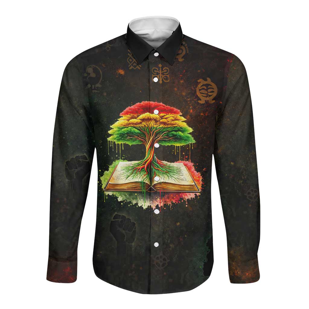 Black History Tree of Knowledge Long Sleeve Button Shirt Pan-African Afrocentric Drip Art Illustration