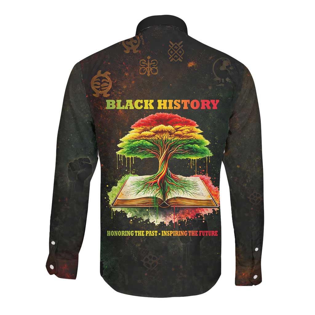 Black History Tree of Knowledge Long Sleeve Button Shirt Pan-African Afrocentric Drip Art Illustration
