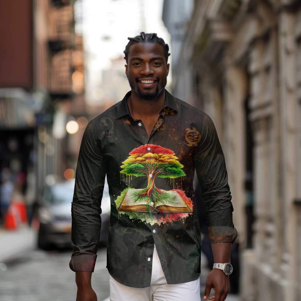 Black History Tree of Knowledge Long Sleeve Button Shirt Pan-African Afrocentric Drip Art Illustration