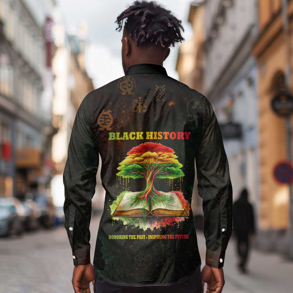 Black History Tree of Knowledge Long Sleeve Button Shirt Pan-African Afrocentric Drip Art Illustration