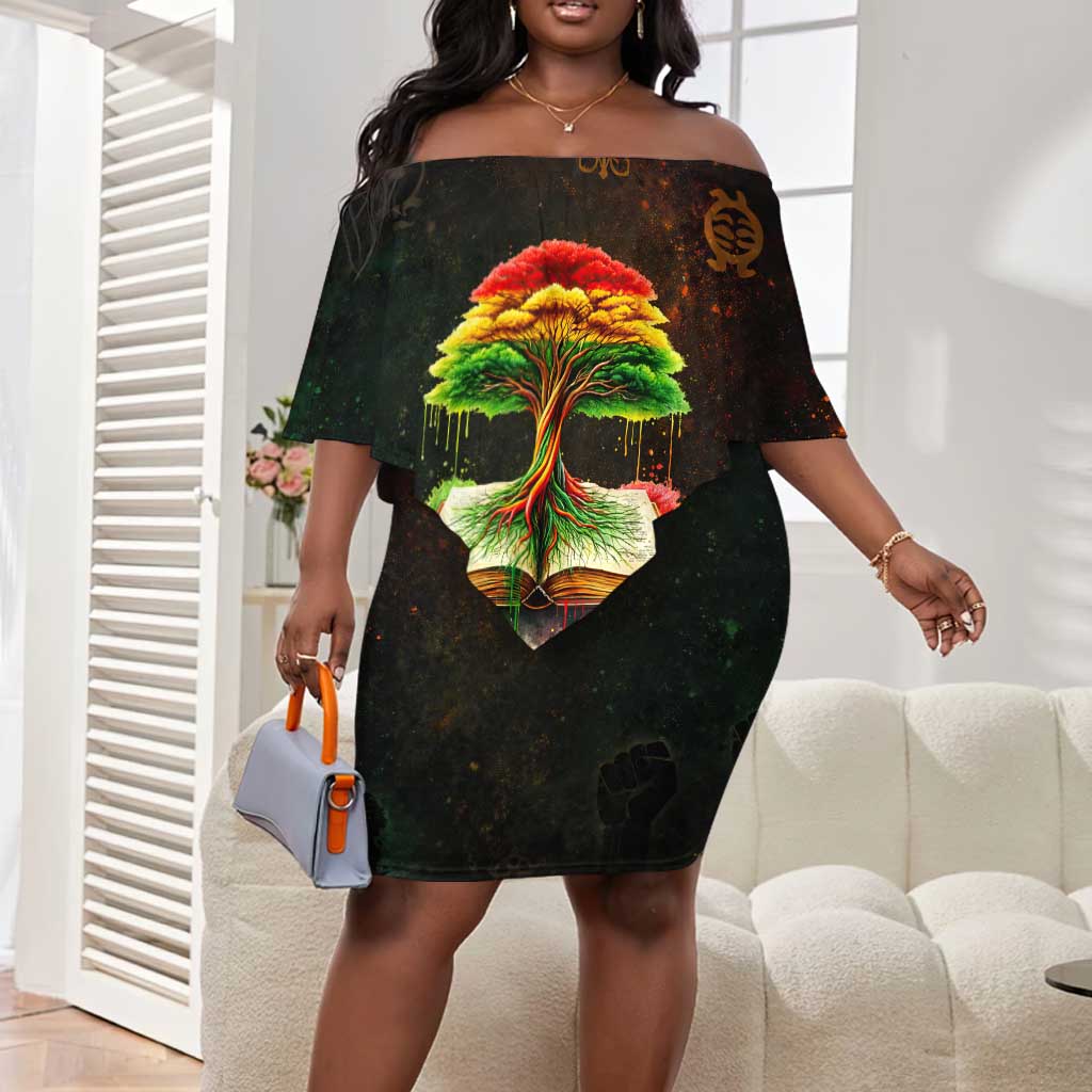 Black History Tree of Knowledge Off Shoulder Short Dress Pan-African Afrocentric Drip Art Illustration