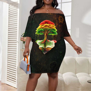 Black History Tree of Knowledge Off Shoulder Short Dress Pan-African Afrocentric Drip Art Illustration