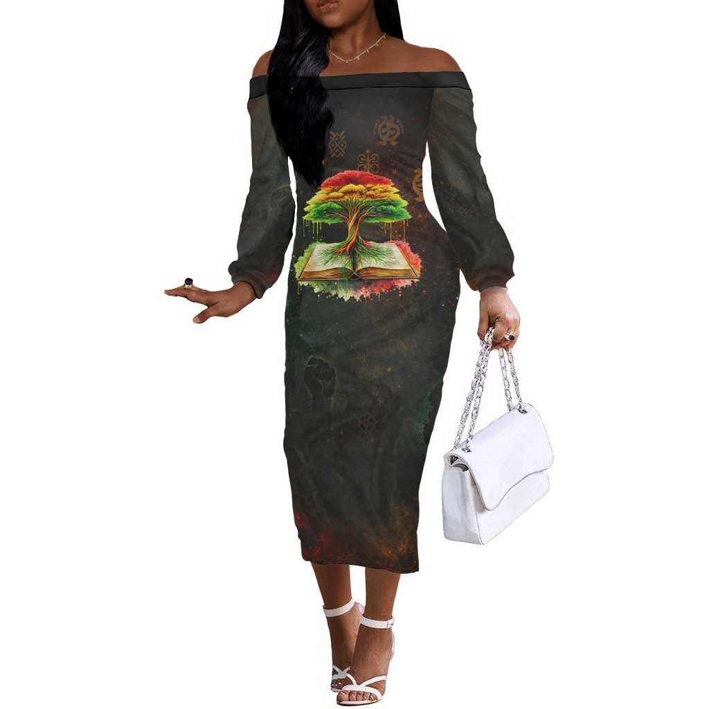 Black History Tree of Knowledge Off The Shoulder Long Sleeve Dress Pan-African Afrocentric Drip Art Illustration