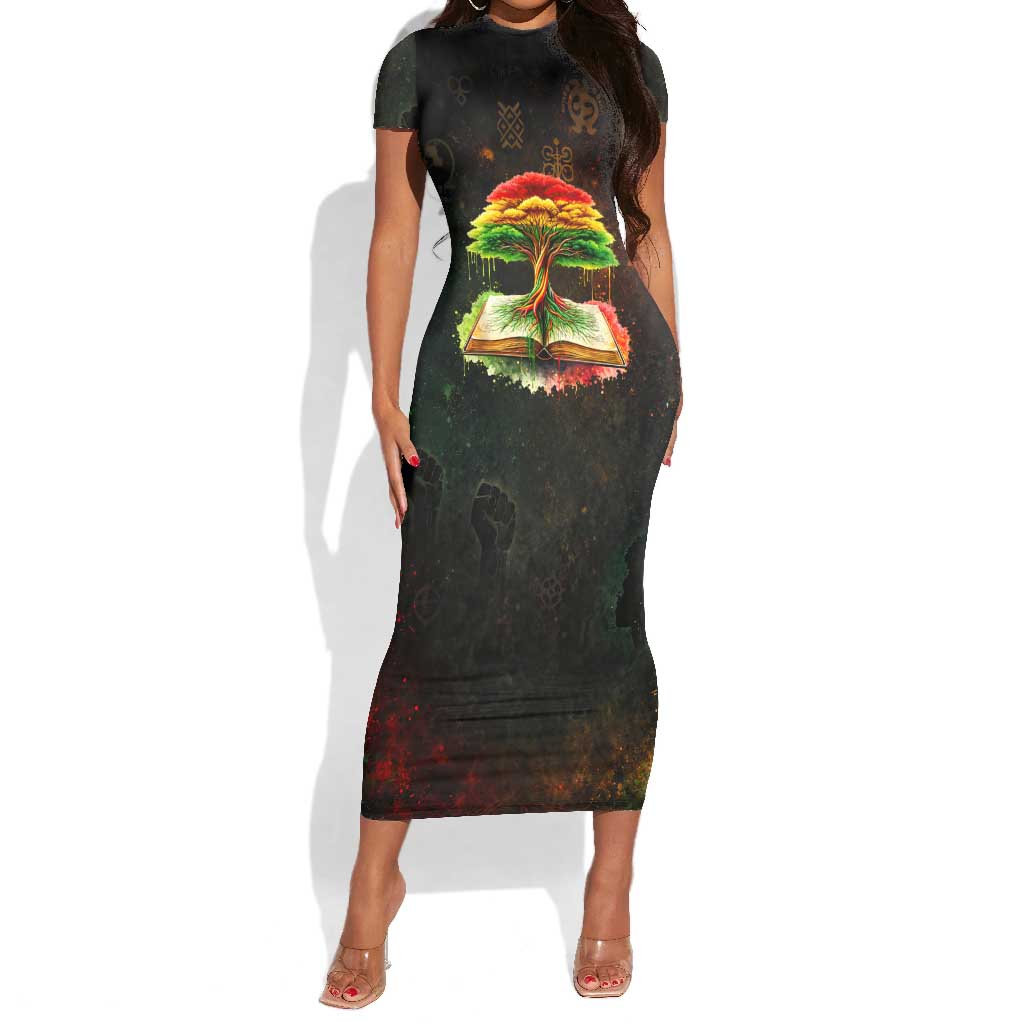 Black History Tree of Knowledge Short Sleeve Bodycon Dress Pan-African Afrocentric Drip Art Illustration