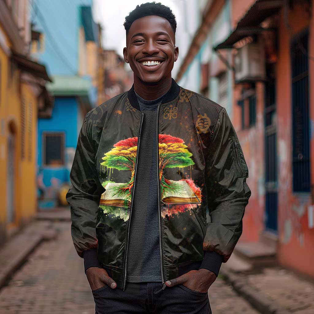 Black History Tree of Knowledge Sleeve Zip Bomber Jacket Pan-African Afrocentric Drip Art Illustration