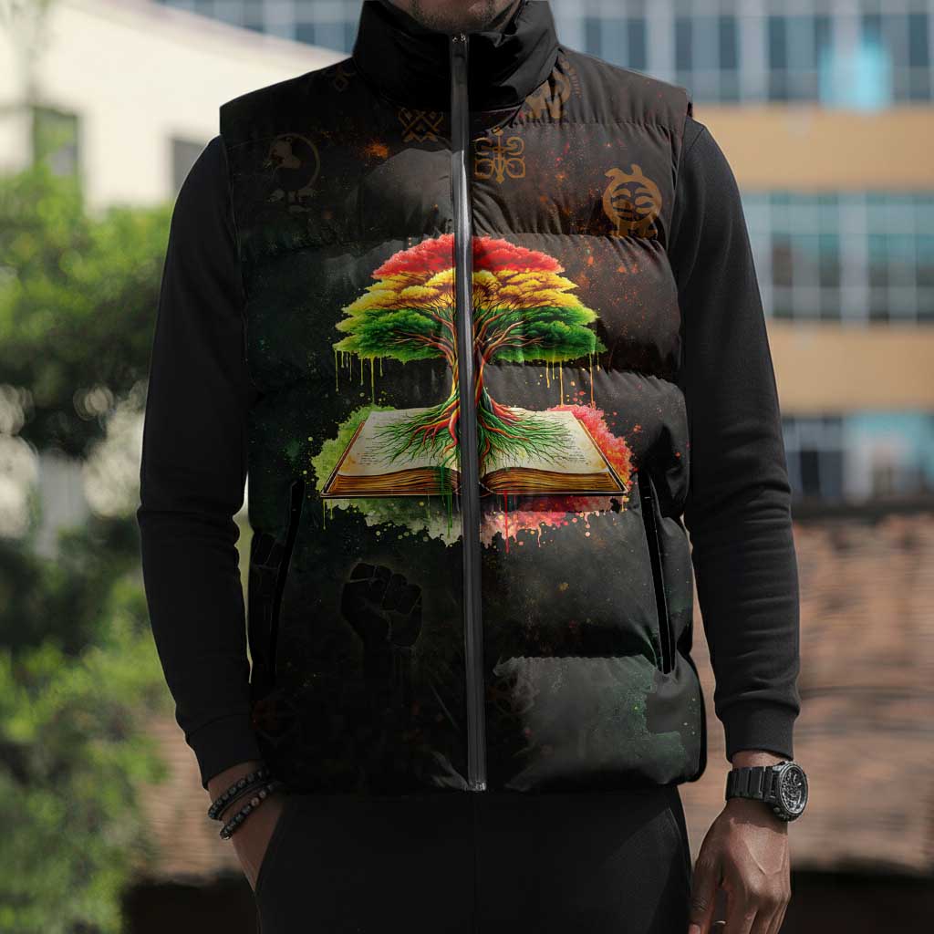 Black History Tree of Knowledge Sleeveless Puffer Jacket Pan-African Afrocentric Drip Art Illustration