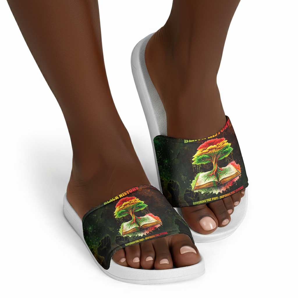 Black History Tree of Knowledge Slide Sandals Pan-African Afrocentric Drip Art Illustration