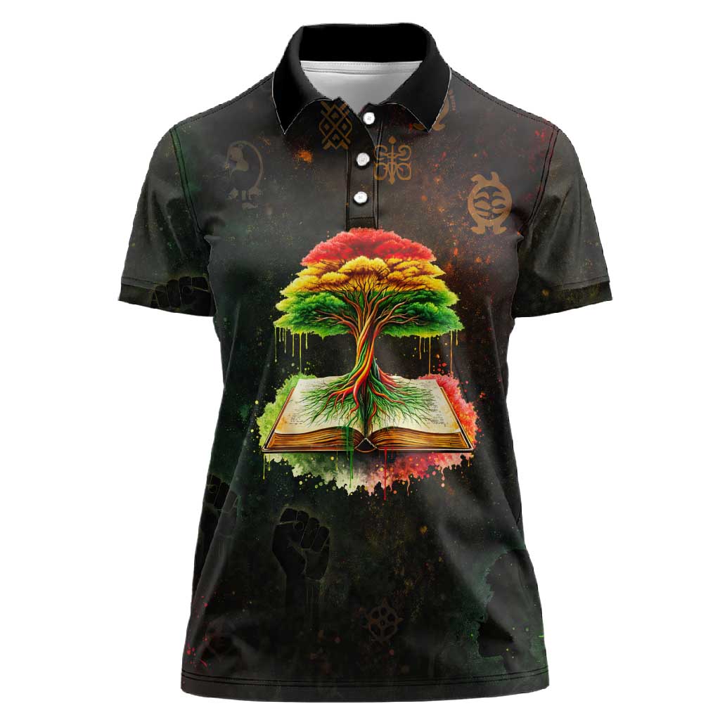 Black History Tree of Knowledge Women Polo Shirt Pan-African Afrocentric Drip Art Illustration