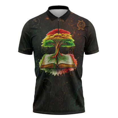 Black History Tree of Knowledge Zipper Polo Shirt Pan-African Afrocentric Drip Art Illustration