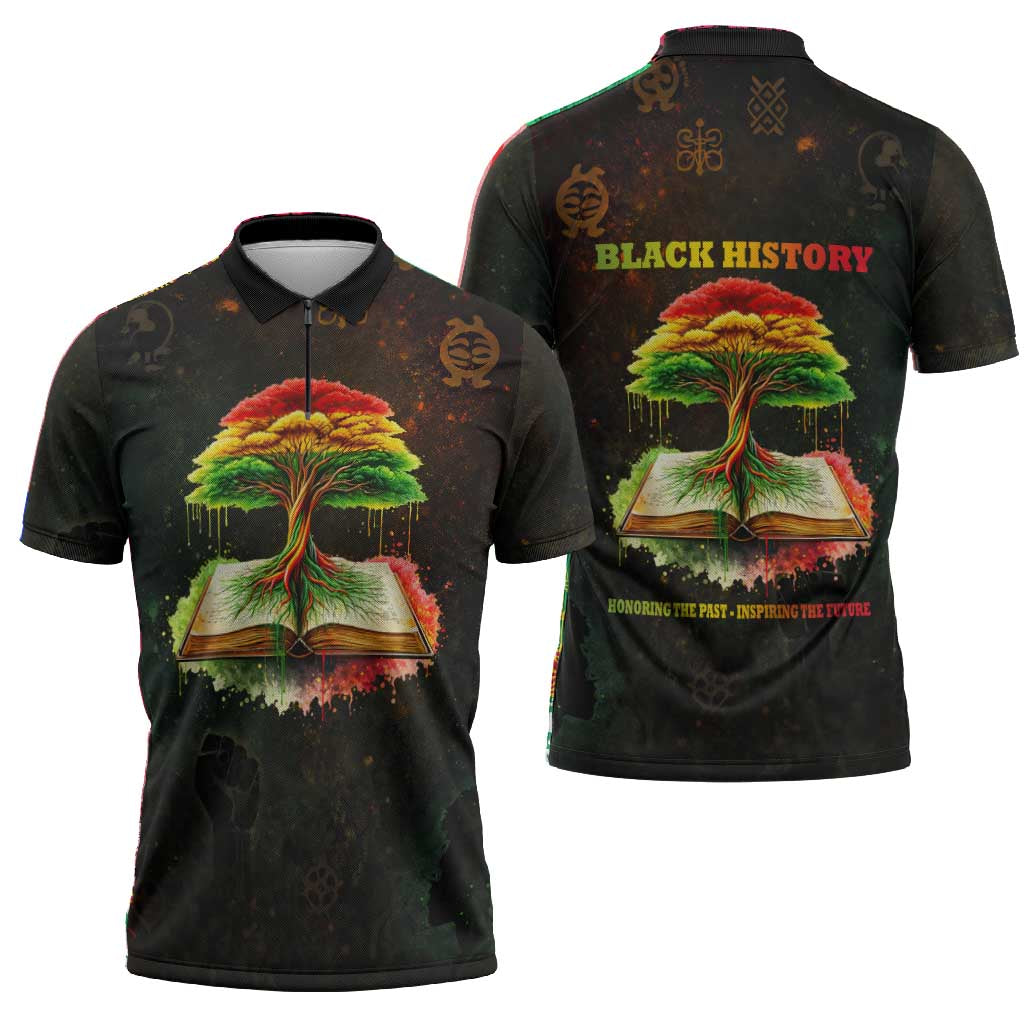 Black History Tree of Knowledge Zipper Polo Shirt Pan-African Afrocentric Drip Art Illustration