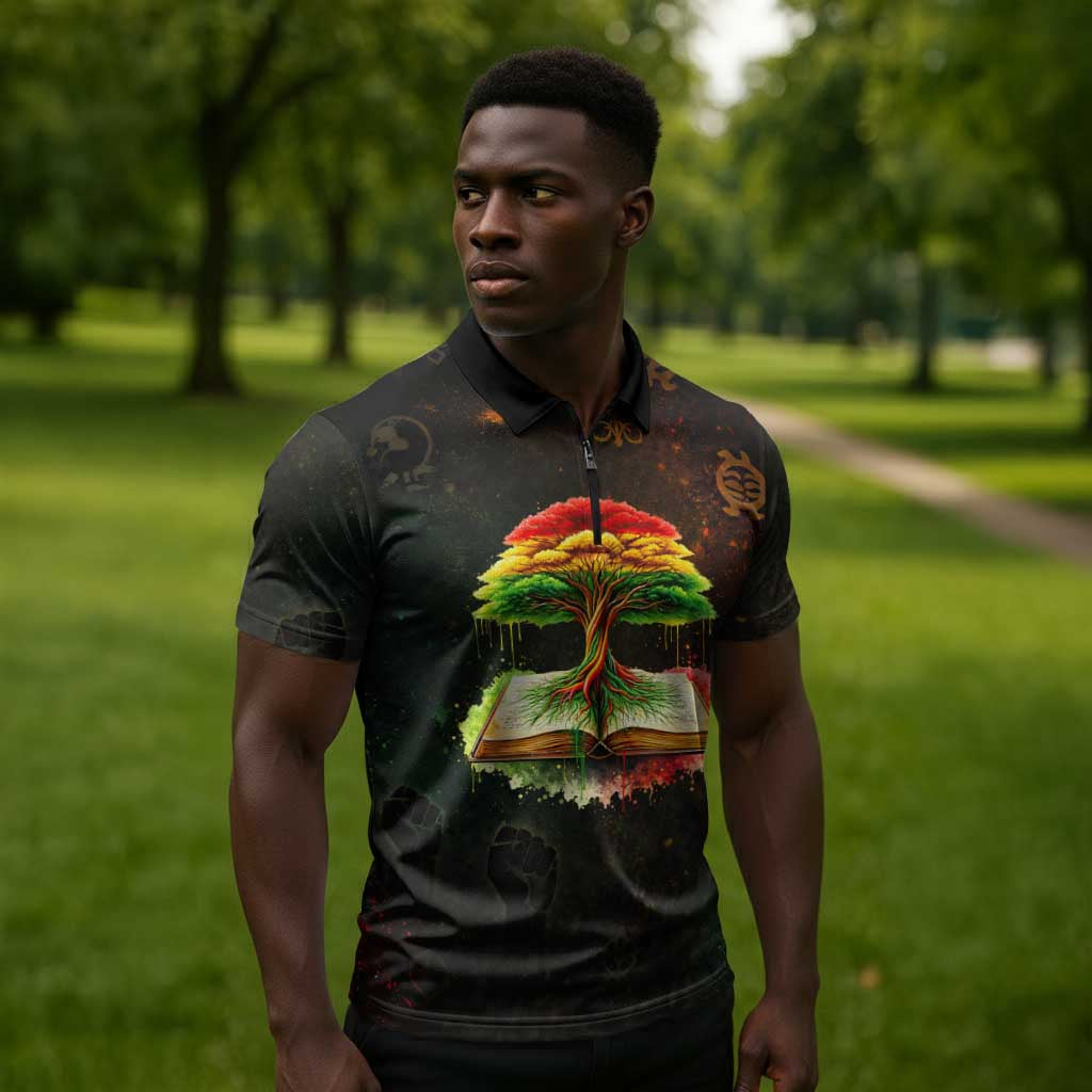 Black History Tree of Knowledge Zipper Polo Shirt Pan-African Afrocentric Drip Art Illustration